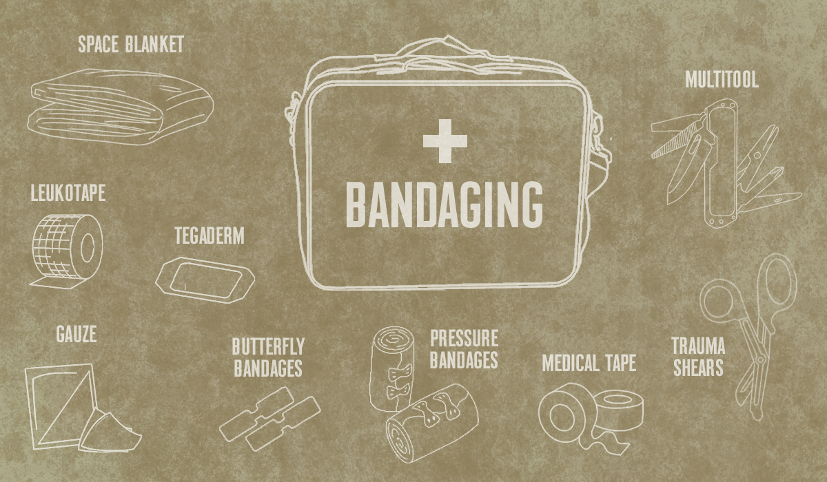 Bandaging materials in a first-aid kit for hunters, from onX Hunt. Bandaging materials in a first-aid kit for hunters, from onX Hunt.