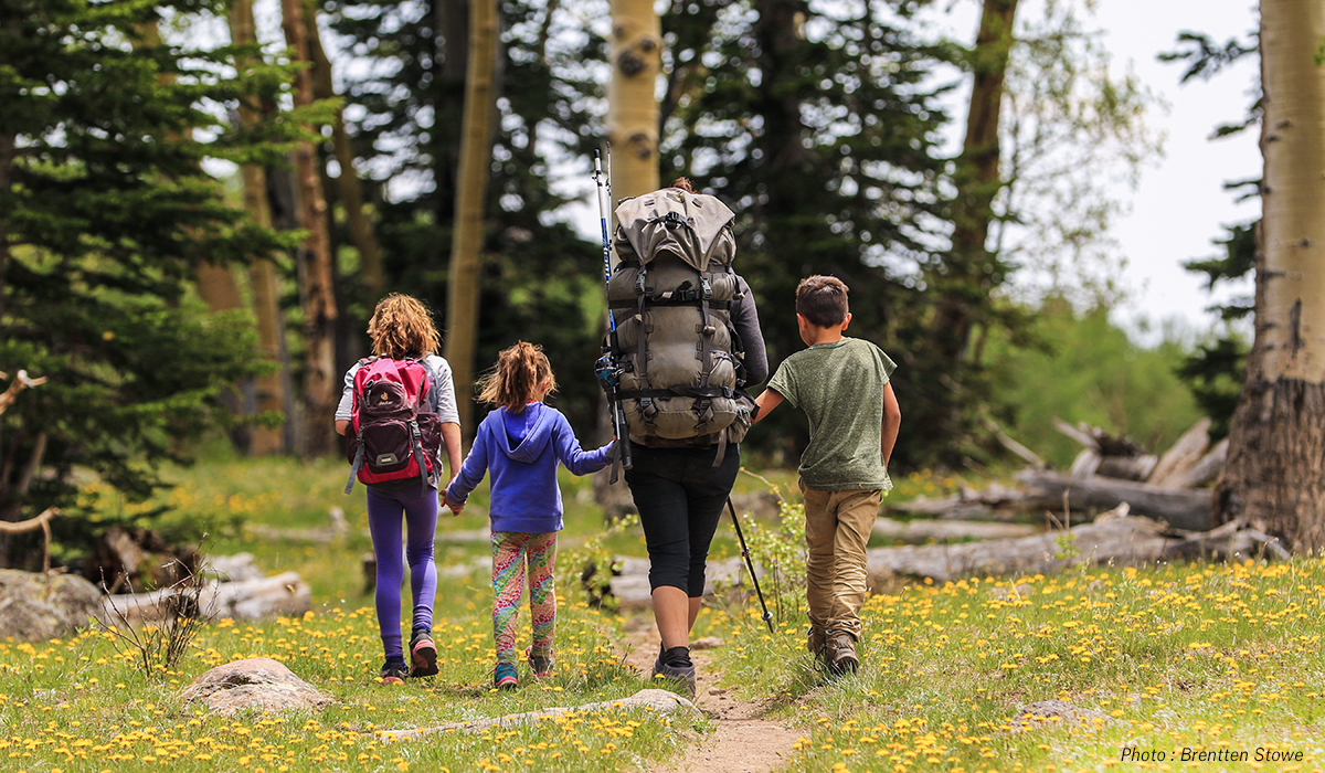Woman backpacking or hiking in the mountains with three children. Woman backpacking or hiking in the mountains with three children.