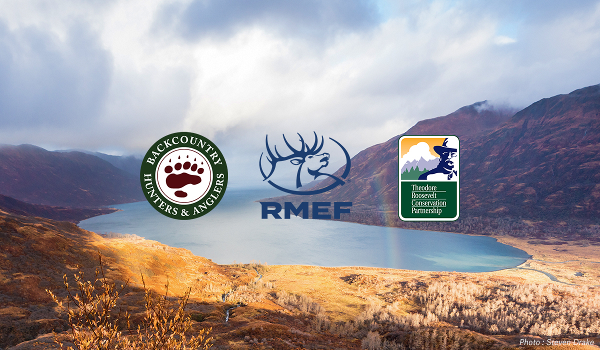 BHA, TRCP, and RMEF logos overlaid on a mountain scene. BHA, TRCP, and RMEF logos overlaid on a mountain scene.