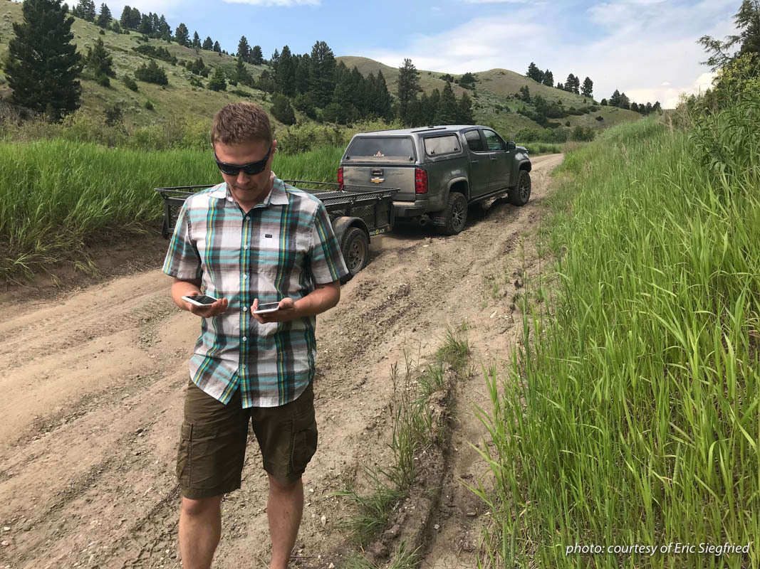 onX Founder Eric Siegfried tests cell phone battery usage in the field. onX Founder Eric Siegfried tests cell phone battery usage in the field.
