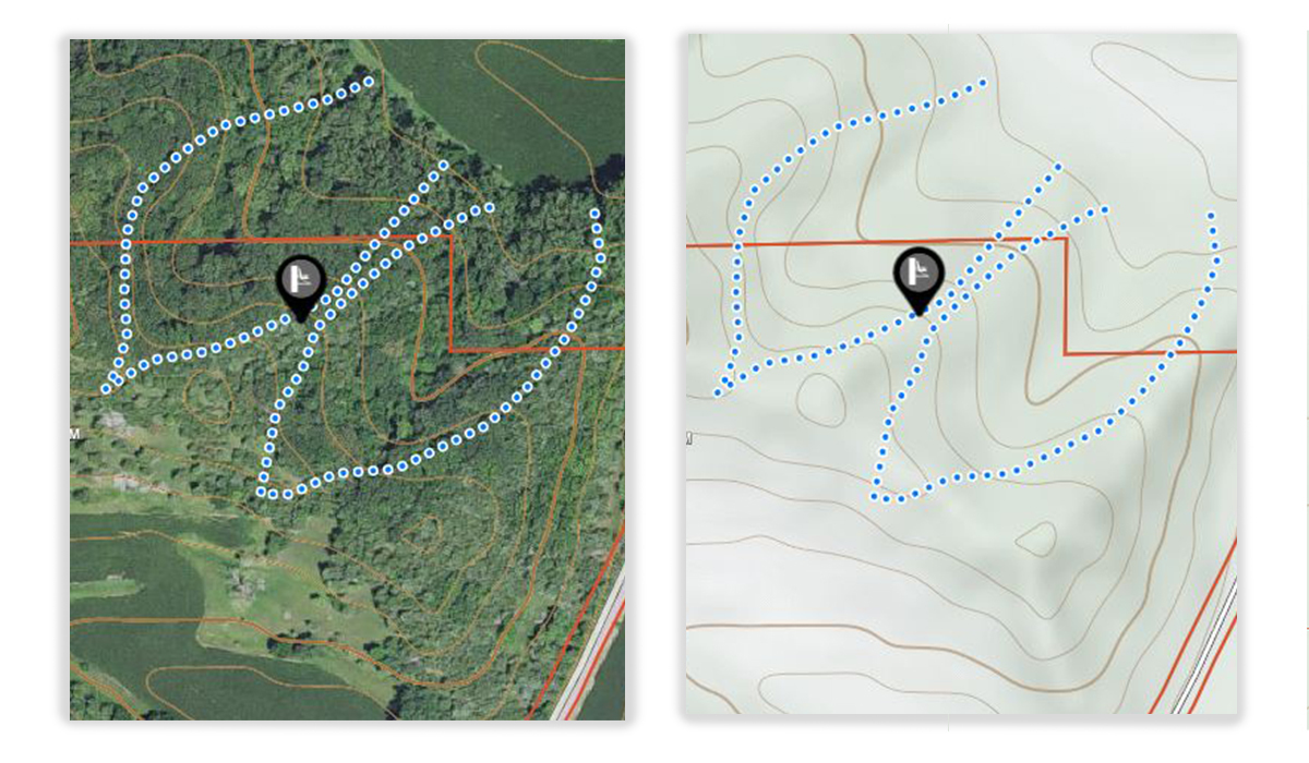 onX Hunt App aerial and topo imagery show where a natural funnel for whitetail deer may help hunting onX Hunt App aerial and topo imagery show where a natural funnel for whitetail deer may help hunting