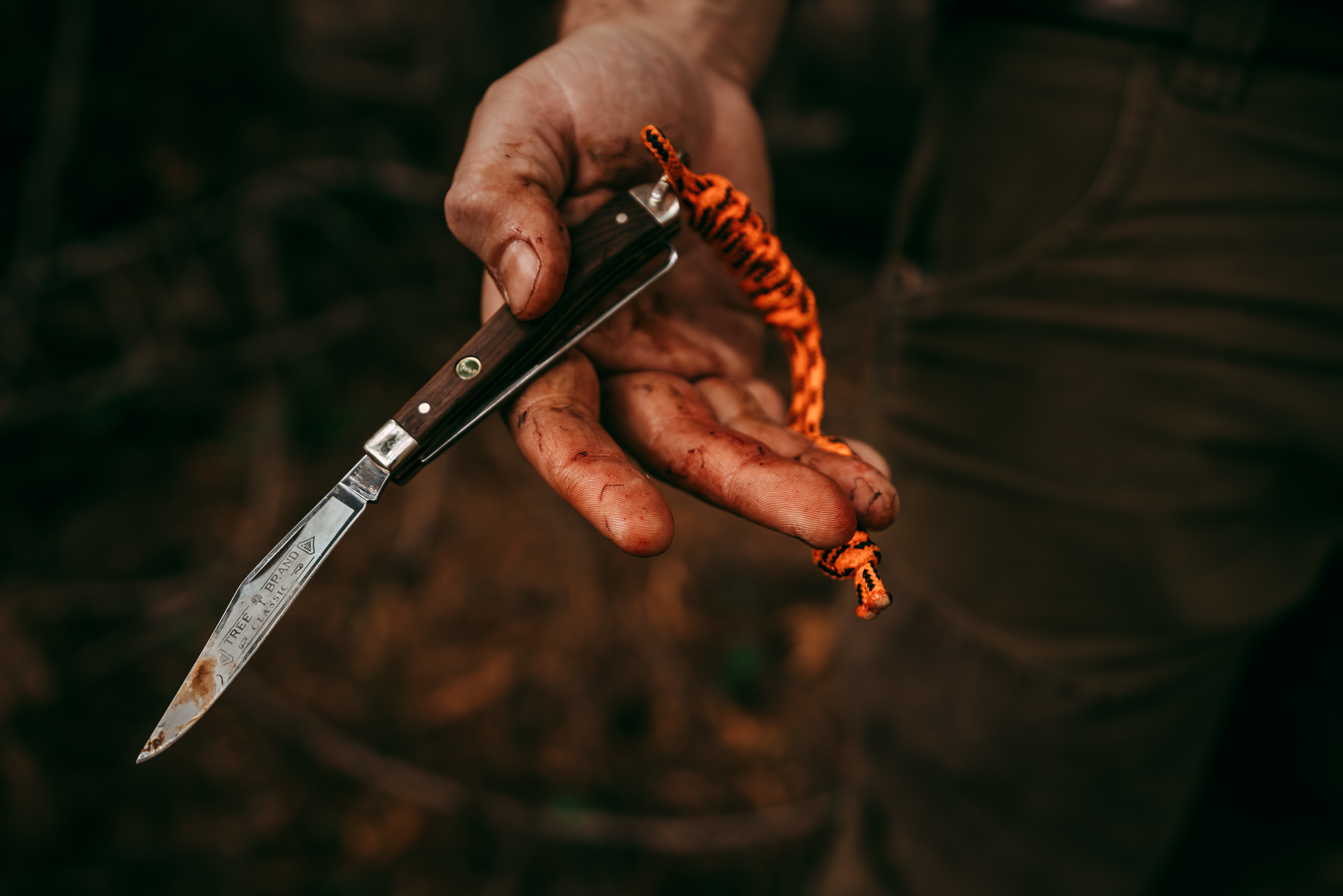 A hunter holds a knife after cleaning grouse. A hunter holds a knife after cleaning grouse.