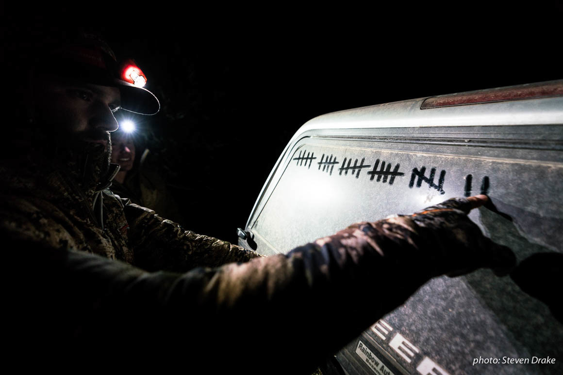 Hunter marking hash marks on the back of a dirty truck while hunting in Arizona. Hunter marking hash marks on the back of a dirty truck while hunting in Arizona.