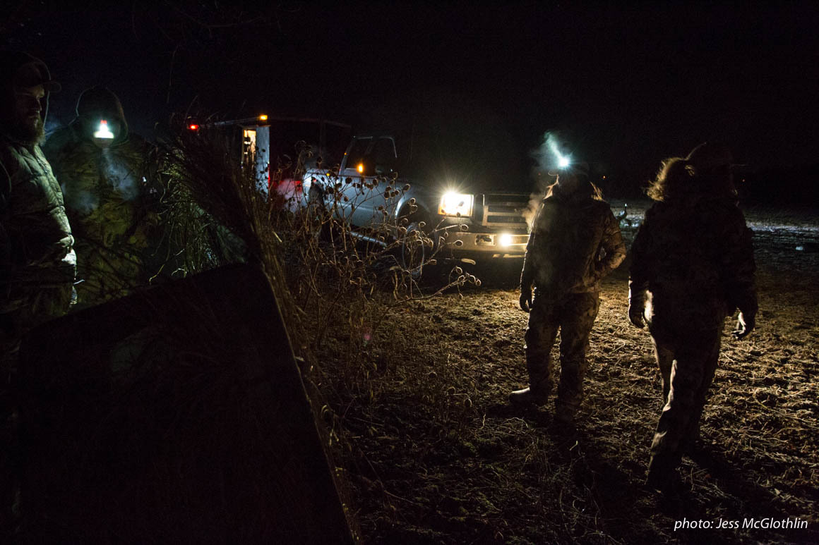 Waterfowl hunters set up decoys and a blind in darkness by the light of truck headlights. Waterfowl hunters set up decoys and a blind in darkness by the light of truck headlights.