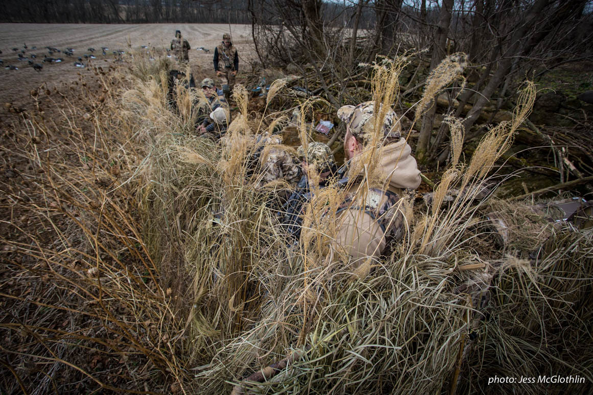 Waterfowl hunters in a goose blind in a field during winter. Waterfowl hunters in a goose blind in a field during winter.