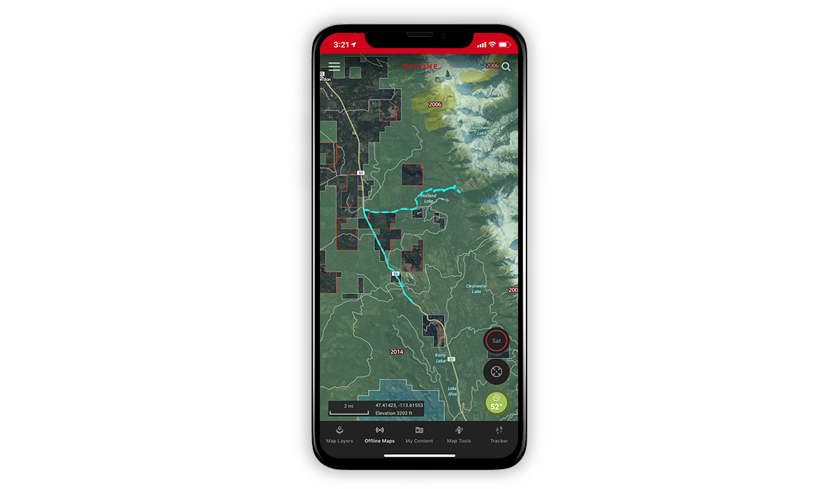 onX Hunt screenshot showing a Track and Offline Mode onX Hunt screenshot showing a Track and Offline Mode