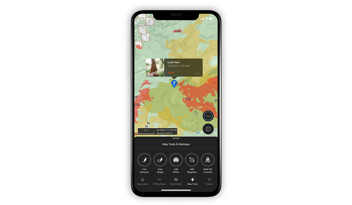 onX Hunt screenshot showing the Historic Wildfires Layer and a morel mushroom Waypoint. onX Hunt screenshot showing the Historic Wildfires Layer and a morel mushroom Waypoint.