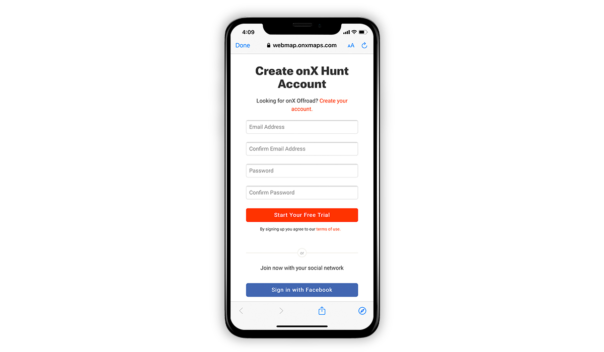 onX Hunt screenshot showing how to create an account on a mobile device. onX Hunt screenshot showing how to create an account on a mobile device.
