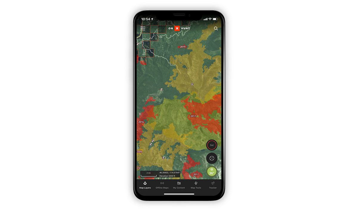 onX Hunt screenshot showing the Historic Wildfire Layer onX Hunt screenshot showing the Historic Wildfire Layer