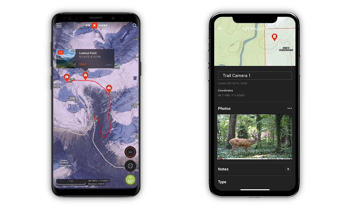 Two phones demonstrate the Photo Waypoints user interface. Two phones demonstrate the Photo Waypoints user interface.