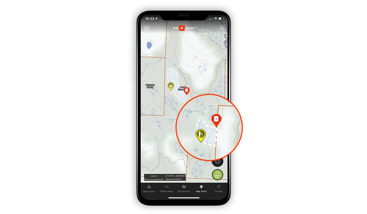 onX Hunt screenshot showing Waypoints and Map Tools for land management. onX Hunt screenshot showing Waypoints and Map Tools for land management.