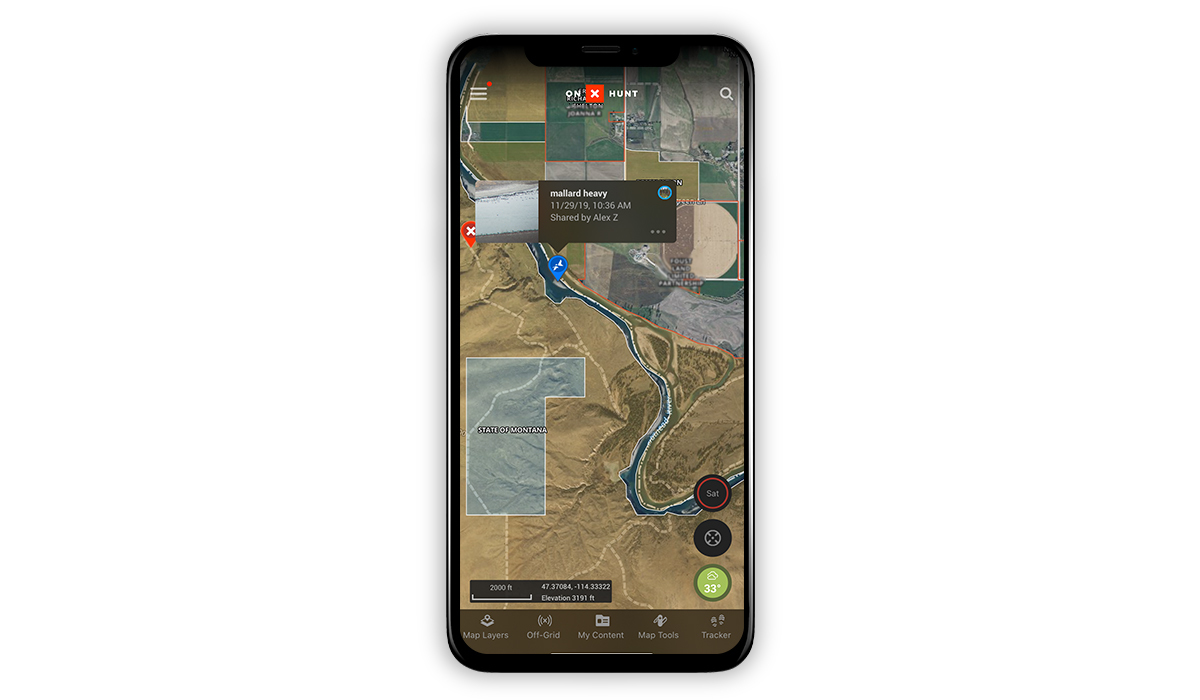 Screenshot of the onX Hunt App with Waypoints while waterfowl hunting. Screenshot of the onX Hunt App with Waypoints while waterfowl hunting.