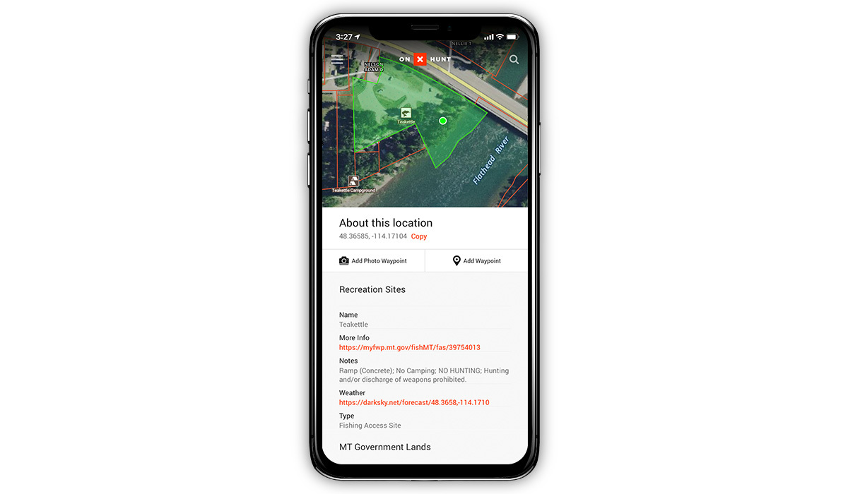 Screenshot of the onX Hunt App showing fishing access points and campgrounds. Screenshot of the onX Hunt App showing fishing access points and campgrounds.