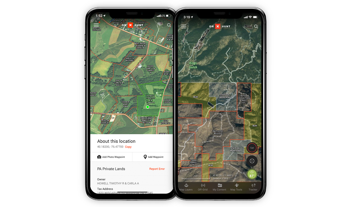onX Hunt App showing side-by-side devices with public and private land boundaries. onX Hunt App showing side-by-side devices with public and private land boundaries.