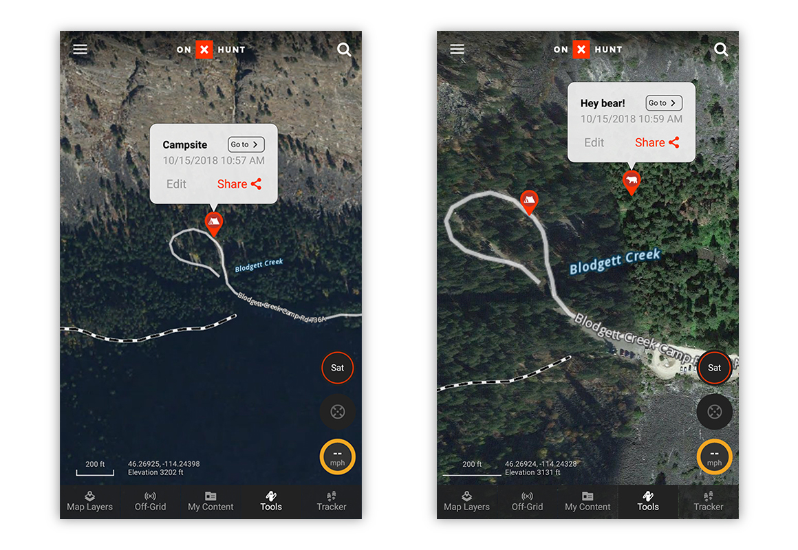Screenshot examples of saved and shared Waypoints on the onX Hunt App. Screenshot examples of saved and shared Waypoints on the onX Hunt App.