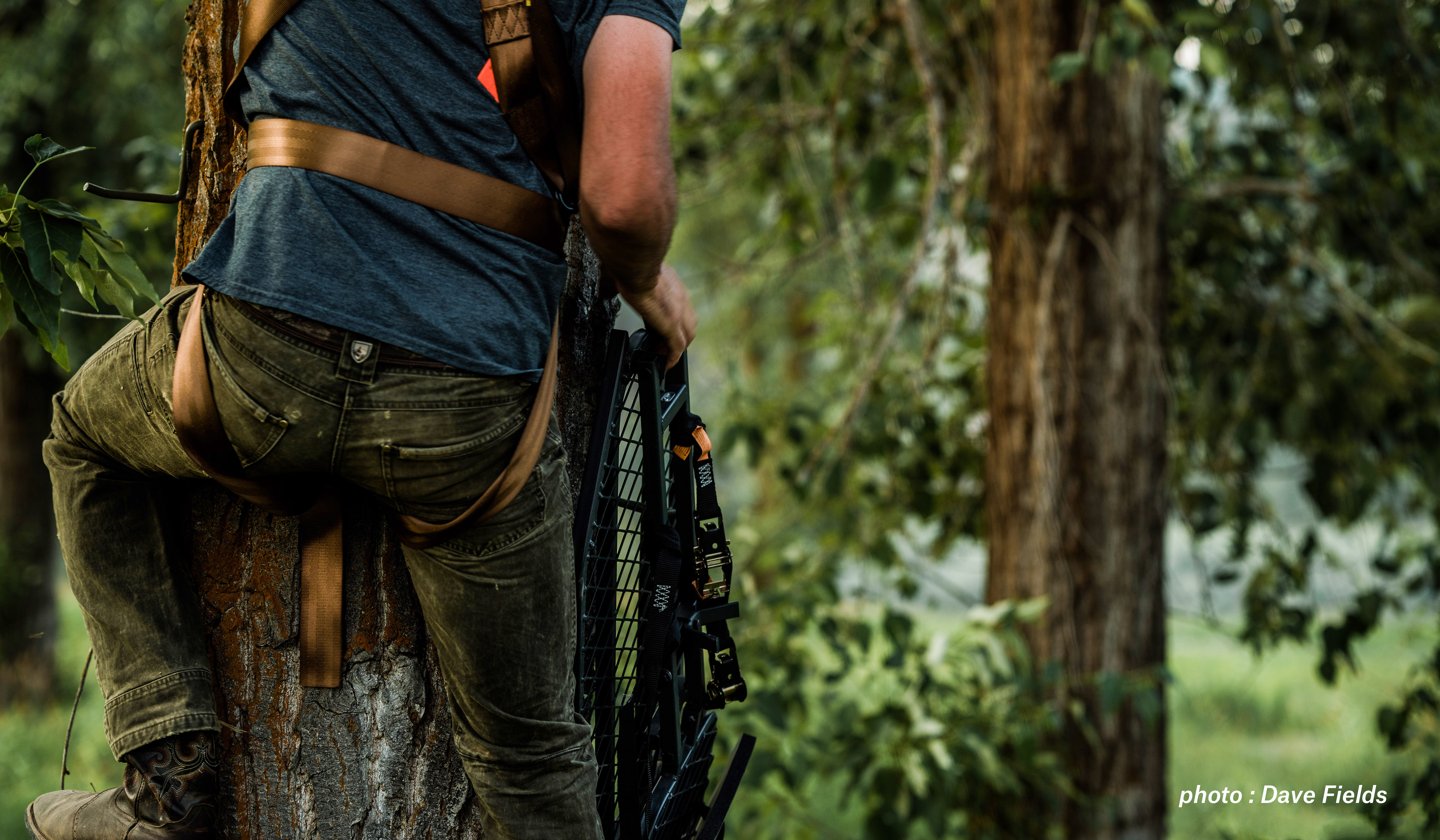 Man setting tree stand in tree before hunting season. Man setting tree stand in tree before hunting season.