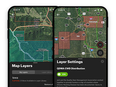Turning on the Private Lands Layer, GMU Hunting Units Layer, Trails Layer, and the CWD Layer in the onX Hunt Deer Hunting App.