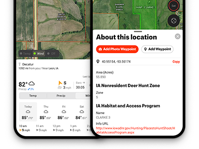 Hunting weather and wind forecasts in the onX Hunt deer hunting app. Tap on a parcel to see who owns it.