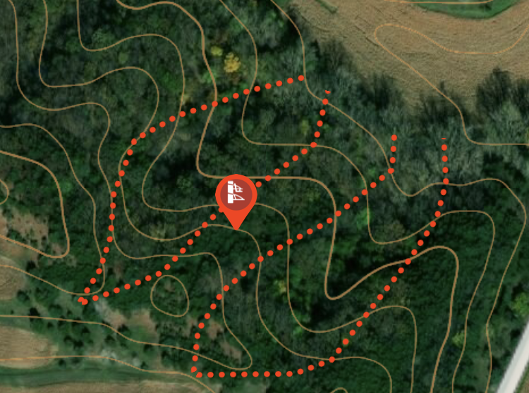 onX Hunt App aerial and topo imagery show where a natural funnel for whitetail deer may help hunting.