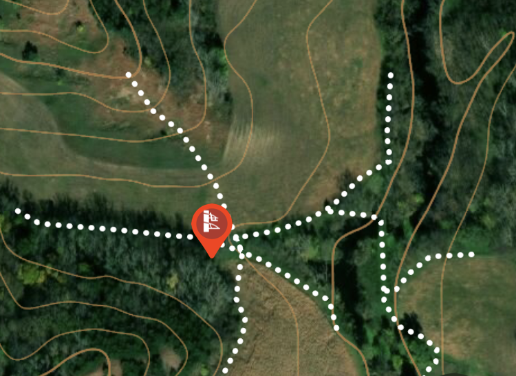 onX Hunt App screenshot showing natural funnels that can be used when hunting whitetail deer. onX Hunt App screenshot showing natural funnels that can be used when hunting whitetail deer.