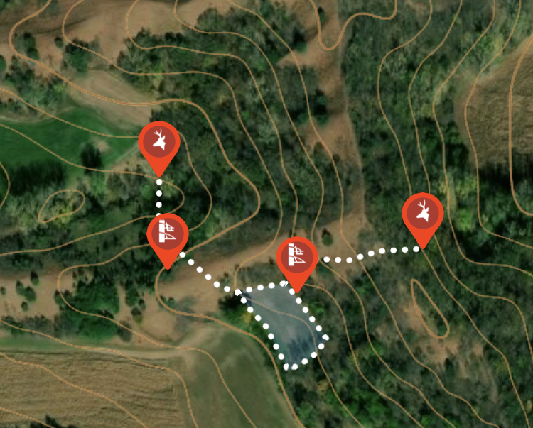 Map showing how onX Hunt's shape tool can be used to measure a food plot location when hunting whitetail deer. Map showing how onX Hunt's shape tool can be used to measure a food plot location when hunting whitetail deer.