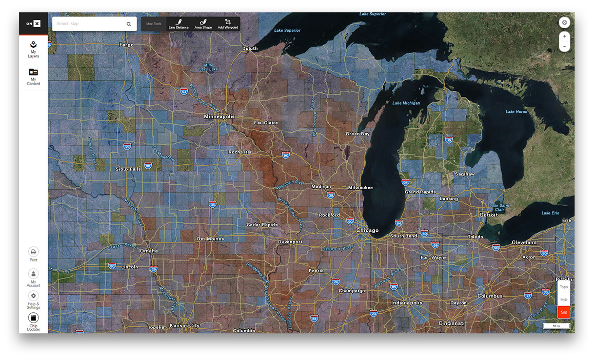 Screenshot of the onX Hunt and Boone & Crockett Layer in the Midwest. Screenshot of the onX Hunt and Boone & Crockett Layer in the Midwest.