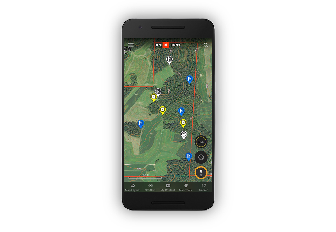 onX Hunt screenshot showing colored Waypoints used for whitetail stands by time of day. onX Hunt screenshot showing colored Waypoints used for whitetail stands by time of day.