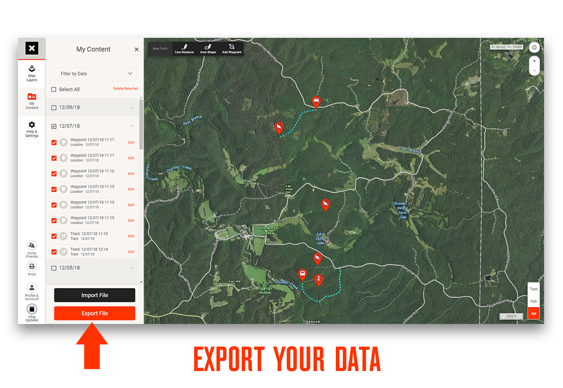 onX Web Map web application with export button called out onX Web Map web application with export button called out