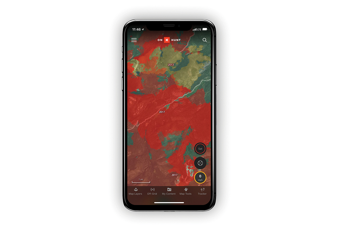 onX Hunt screenshot showing historic wildfire layer. onX Hunt screenshot showing historic wildfire layer.