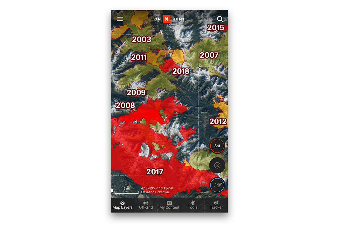 Screenshot of the onX Hunt App Historic Wildfire Layer. Screenshot of the onX Hunt App Historic Wildfire Layer.