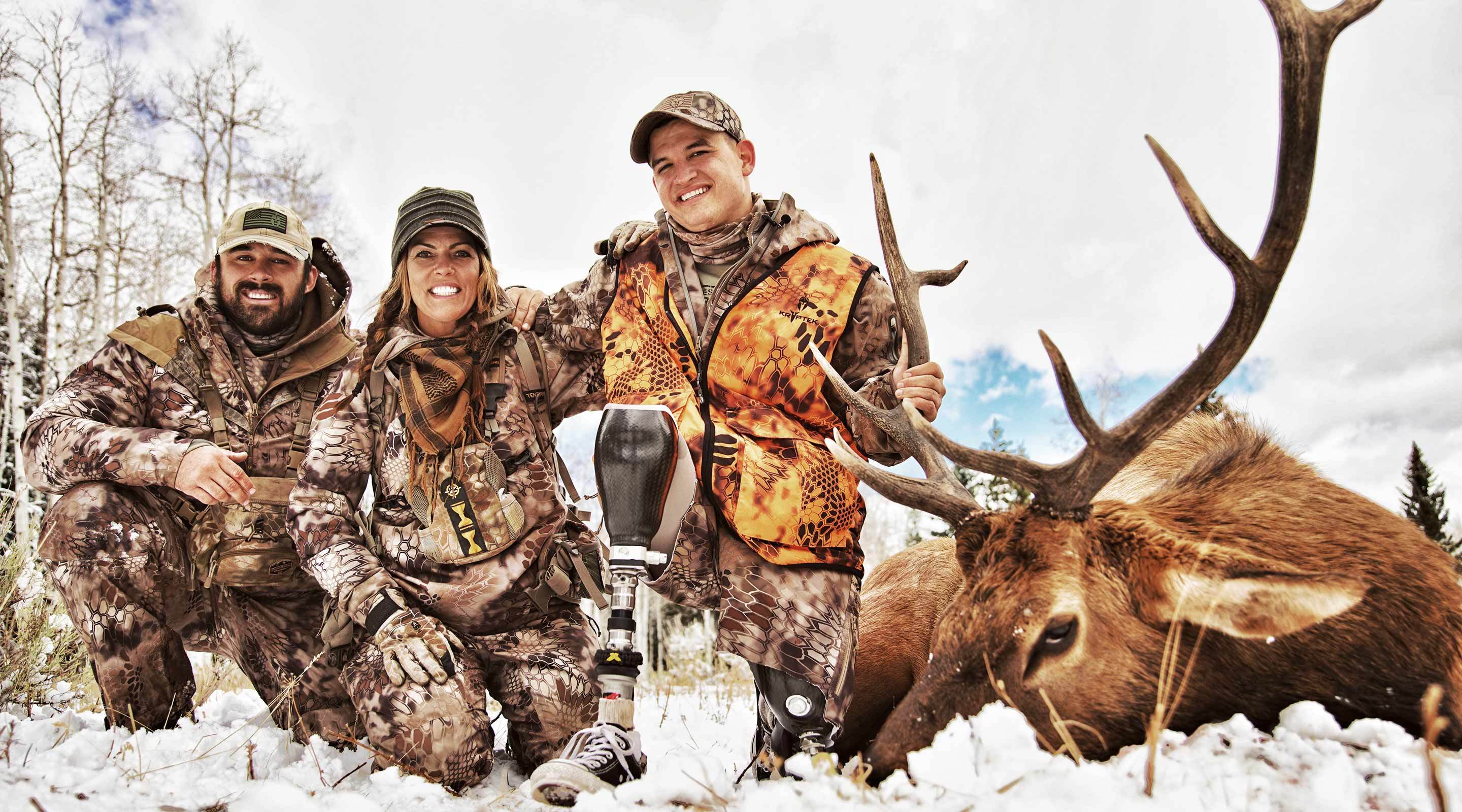 Jana Waller and friends with a late-season bull elk shot in the snow in Montana with former Navy SEAL Bo Reichenbach. Jana Waller and friends with a late-season bull elk shot in the snow in Montana with former Navy SEAL Bo Reichenbach.