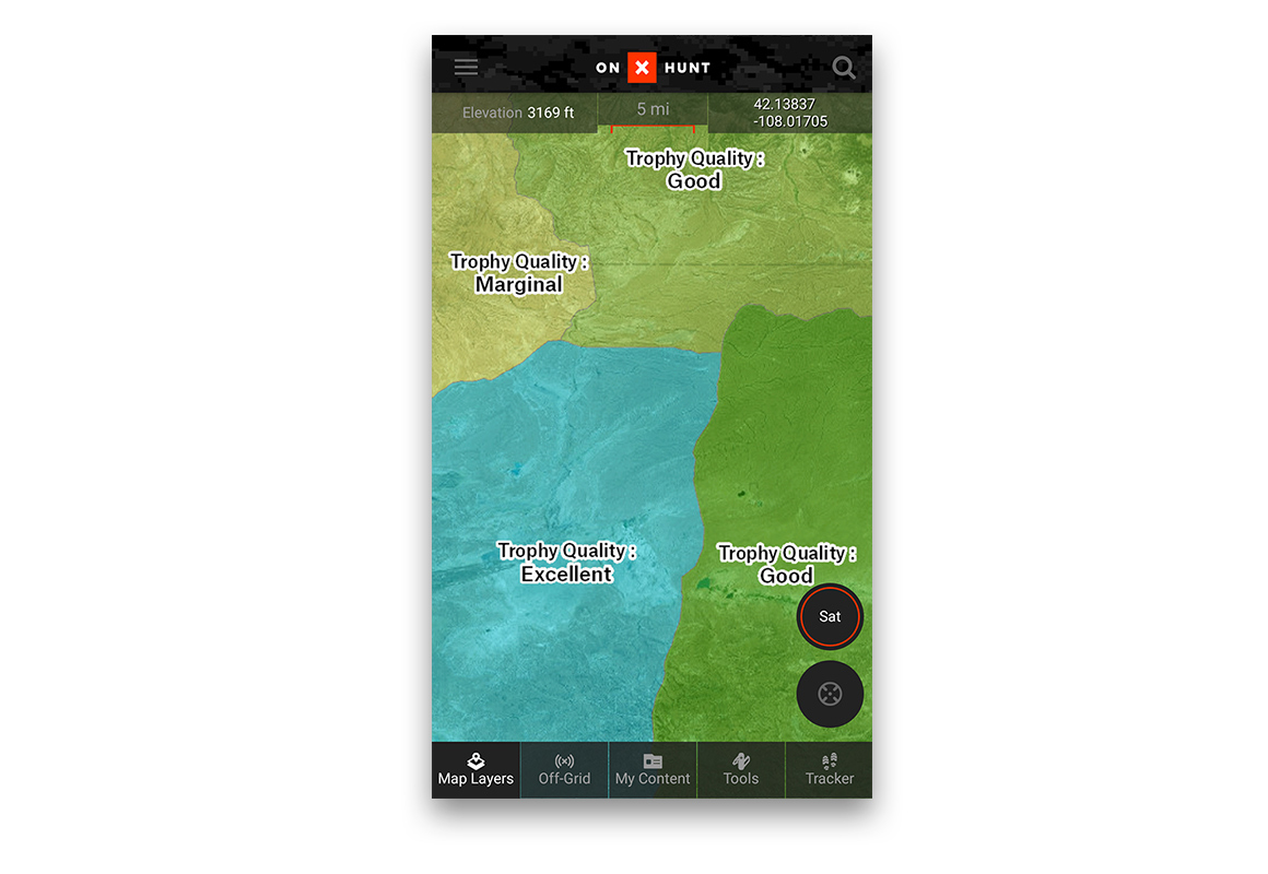 Screenshot of the Eastmans' Layer for onX Hunt App, showing trophy quality in areas. Screenshot of the Eastmans' Layer for onX Hunt App, showing trophy quality in areas.