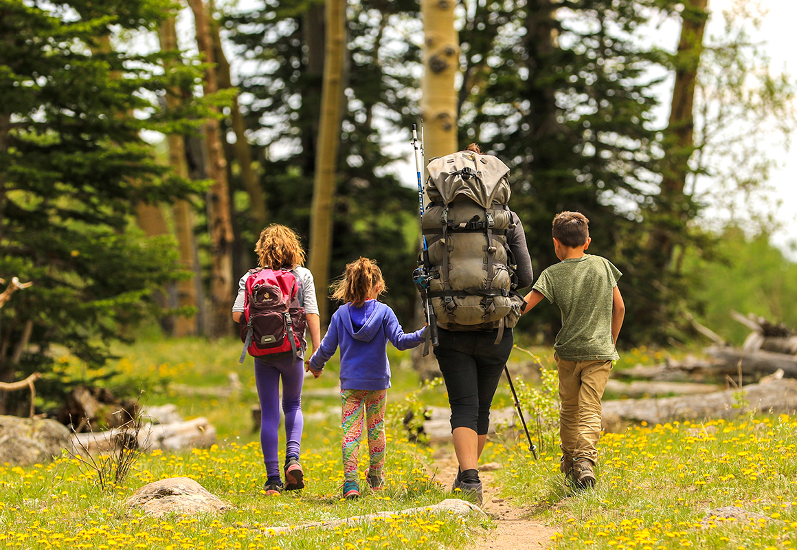 Family following hiking trail through woods Family following hiking trail through woods