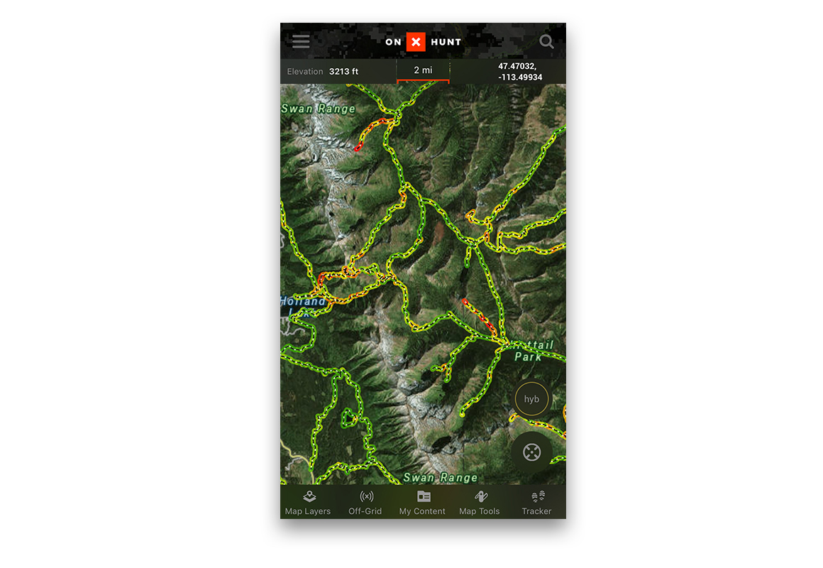 Screenshot of the onX Hunt app with the historic wildfire layer turned on Screenshot of the onX Hunt app with the historic wildfire layer turned on