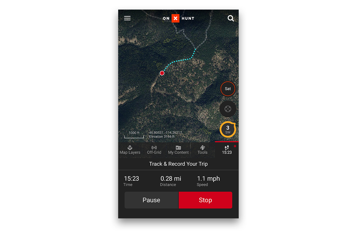 Screenshot of the onX Hunt App with the Tracker recording Screenshot of the onX Hunt App with the Tracker recording