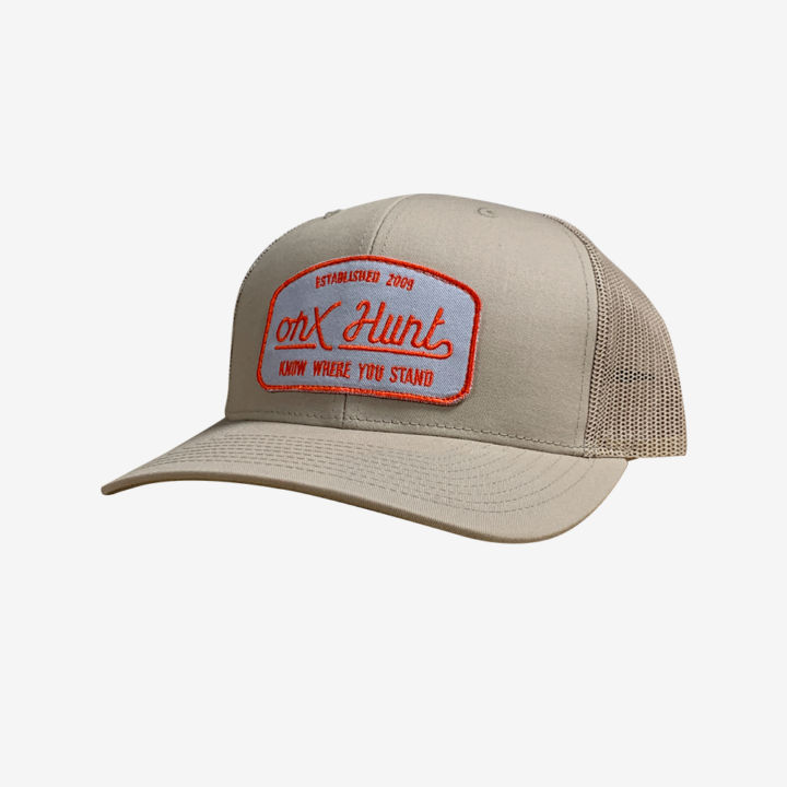 onX Trucker Snapback Hat Khaki with Red & Grey Patch onX