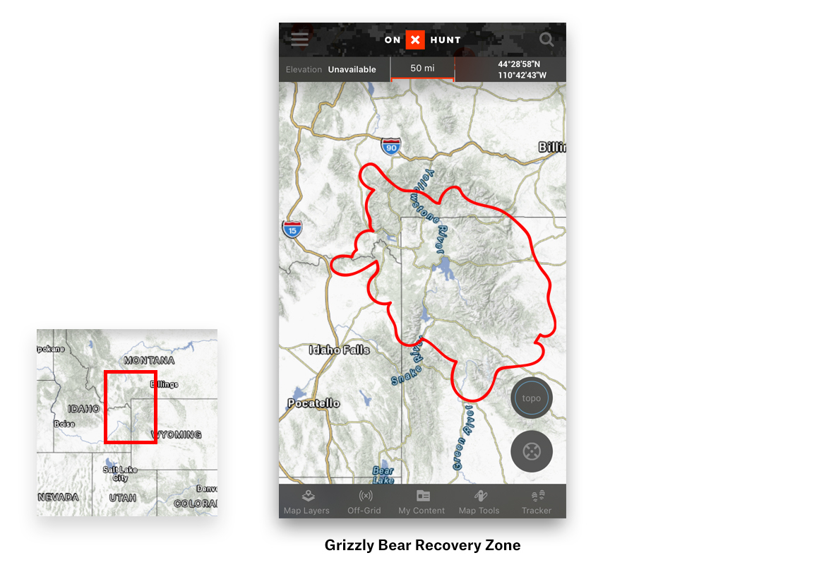 Grizzly Bear Recovery Zone on onX Hunt Hunting App Grizzly Bear Recovery Zone on onX Hunt Hunting App