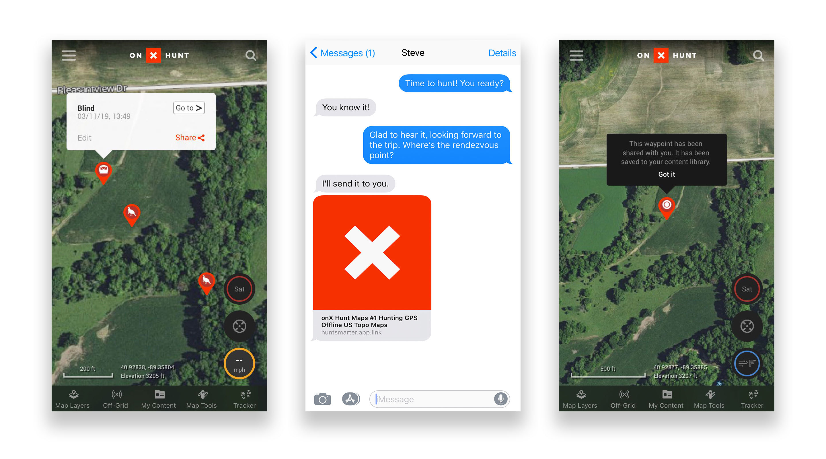 Screenshot showing shared waypoint while turkey hunting in the onX Hunt App. Screenshot showing shared waypoint while turkey hunting in the onX Hunt App.