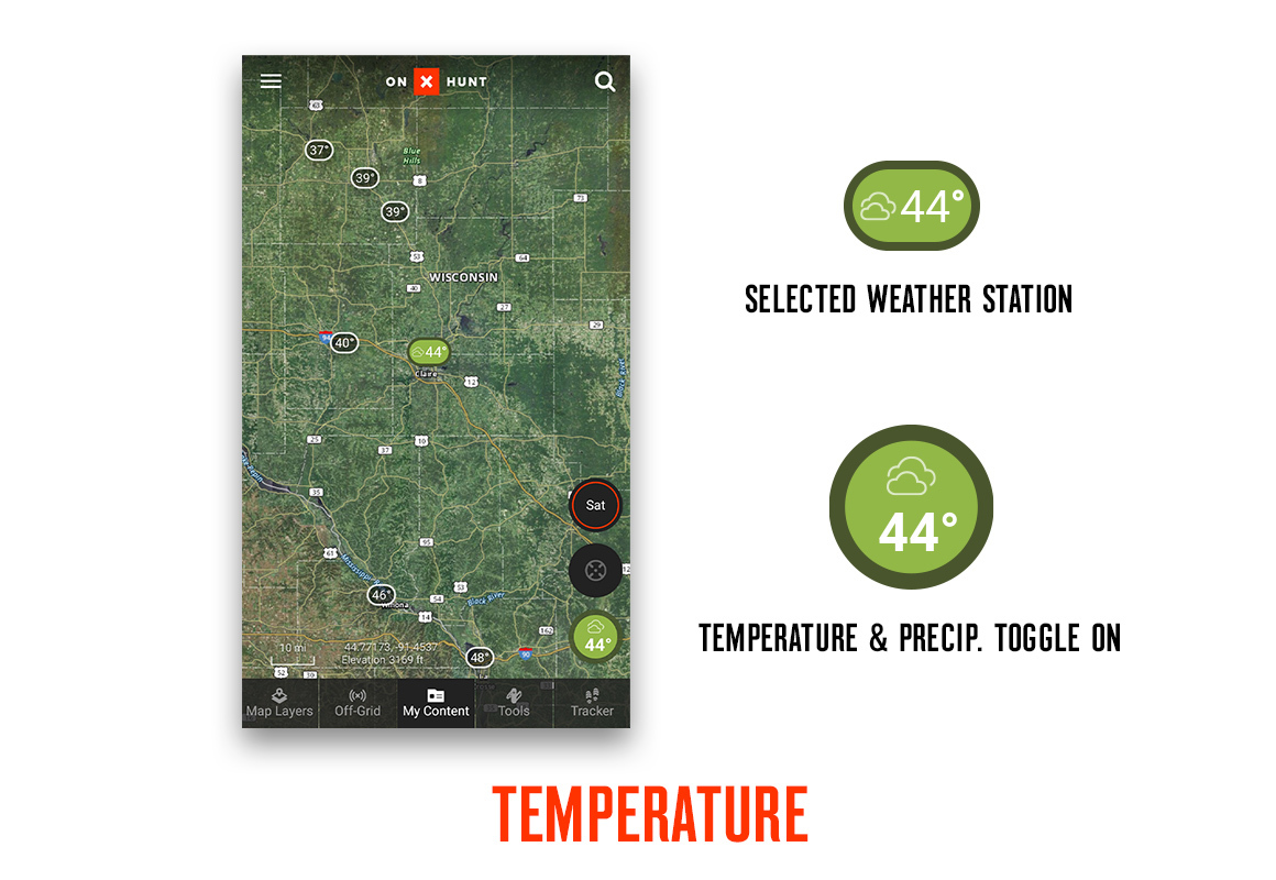 onX Wind & Weather feature screenshot showcasing temperature and current weather in green dots. onX Wind & Weather feature screenshot showcasing temperature and current weather in green dots.
