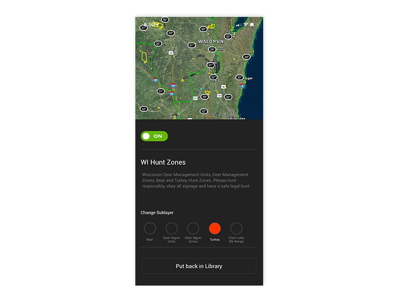 Wisconsin turkey hunt zones layer on the onX Hunt mobile app