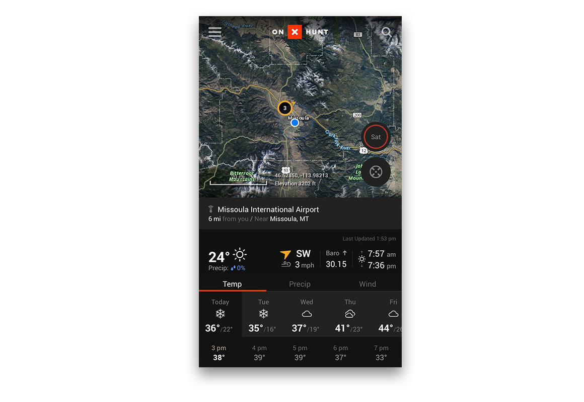 Screenshot of the onX Hunt App Wind & Weather feature. Screenshot of the onX Hunt App Wind & Weather feature.