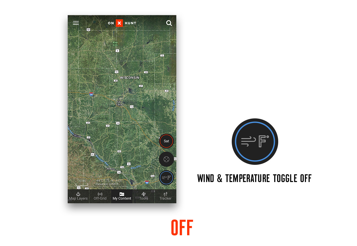 onX Hunt App Wind & Weather feature toggled off screenshot. onX Hunt App Wind & Weather feature toggled off screenshot.