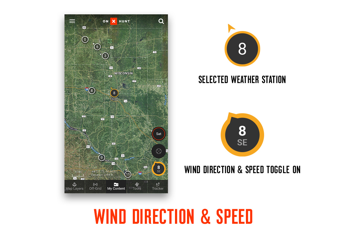 onX Hunt App Wind & Weather feature weather & wind icon screenshot. onX Hunt App Wind & Weather feature weather & wind icon screenshot.